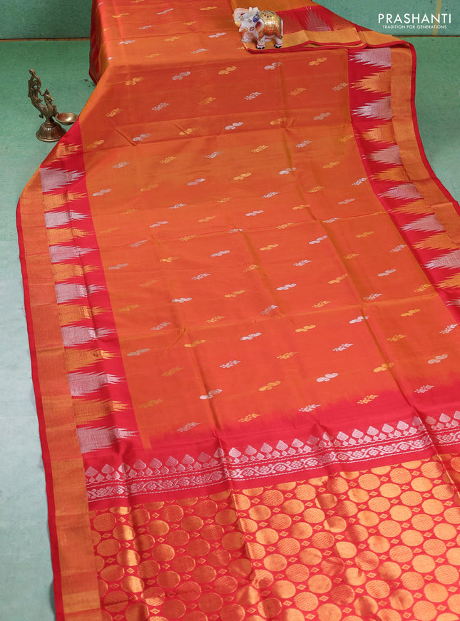 Pure uppada silk saree sunset orange and red with silver & gold zari woven buttas and temple zari woven border