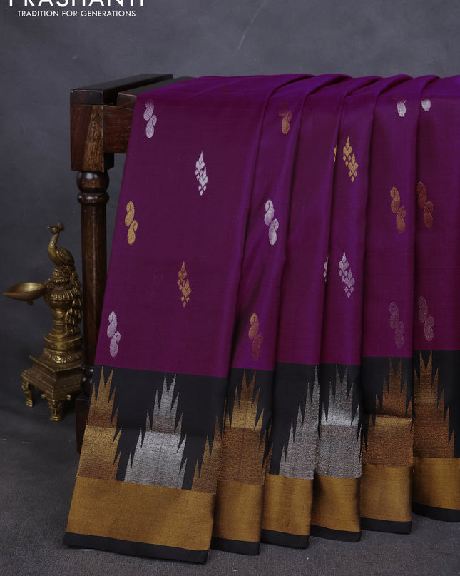 Pure uppada silk saree purple and black with silver & gold zari woven buttas and temple zari woven border
