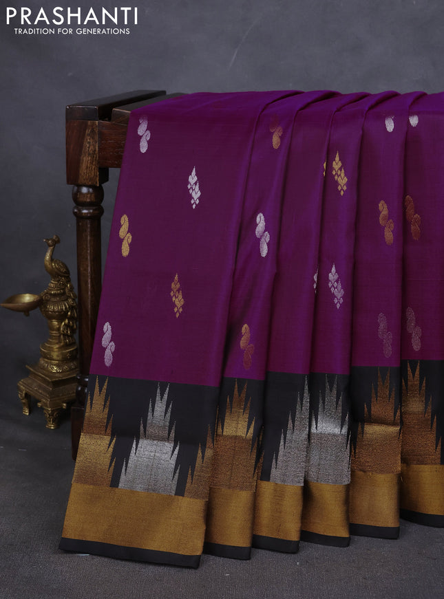 Pure uppada silk saree purple and black with silver & gold zari woven buttas and temple zari woven border