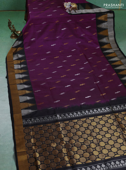Pure uppada silk saree purple and black with silver & gold zari woven buttas and temple zari woven border