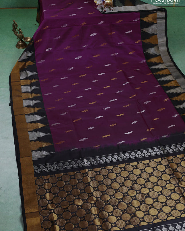 Pure uppada silk saree purple and black with silver & gold zari woven buttas and temple zari woven border