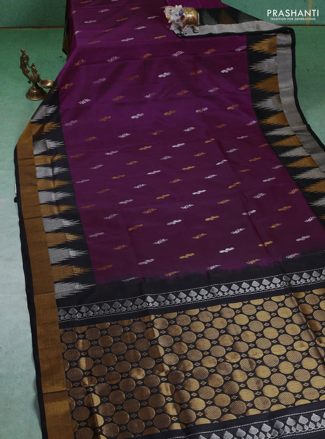 Pure uppada silk saree purple and black with silver & gold zari woven buttas and temple zari woven border