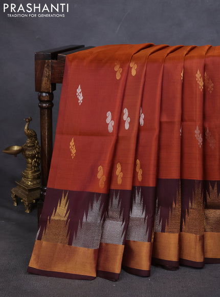 Pure uppada silk saree rust shade and coffee brown with silver & gold zari woven buttas and temple zari woven border