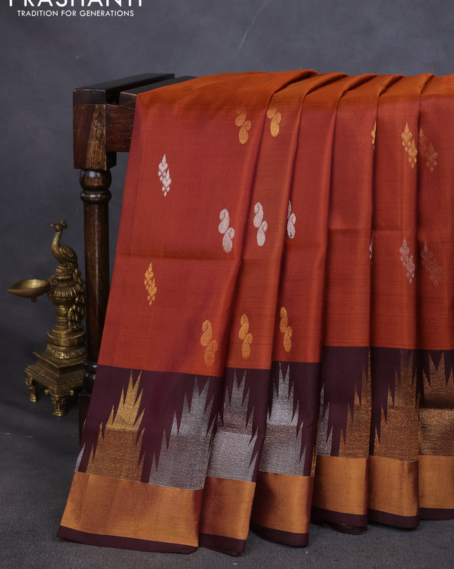 Pure uppada silk saree rust shade and coffee brown with silver & gold zari woven buttas and temple zari woven border