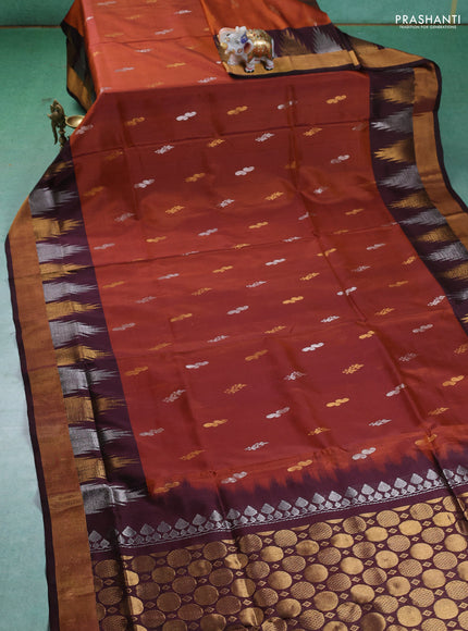 Pure uppada silk saree rust shade and coffee brown with silver & gold zari woven buttas and temple zari woven border