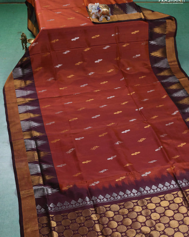 Pure uppada silk saree rust shade and coffee brown with silver & gold zari woven buttas and temple zari woven border