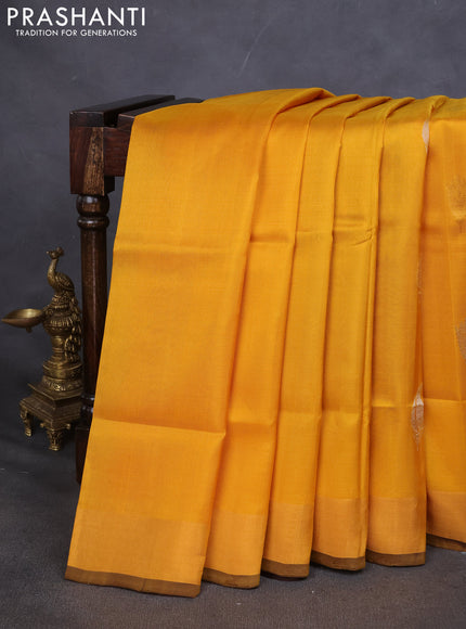 Pure uppada silk saree mustard yellow and coffee brown with silver & gold zari woven buttas and zari woven border
