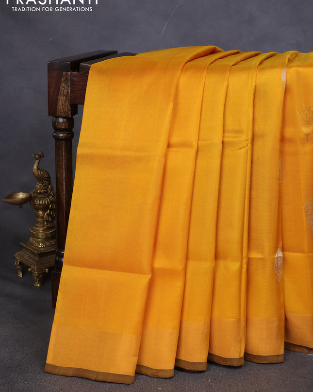 Pure uppada silk saree mustard yellow and coffee brown with silver & gold zari woven buttas and zari woven border