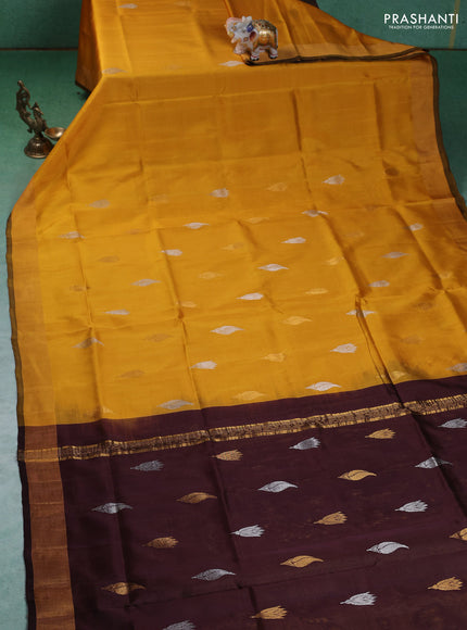 Pure uppada silk saree mustard yellow and coffee brown with silver & gold zari woven buttas and zari woven border