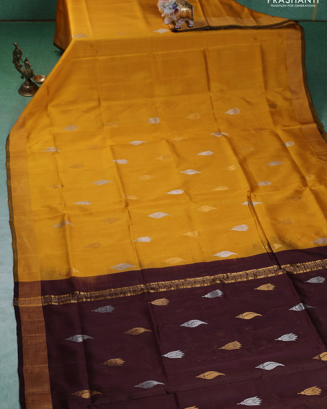 Pure uppada silk saree mustard yellow and coffee brown with silver & gold zari woven buttas and zari woven border