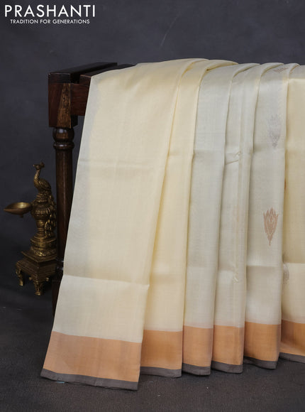 Pure uppada silk saree cream and coffee brown with silver & gold zari woven buttas and zari woven border