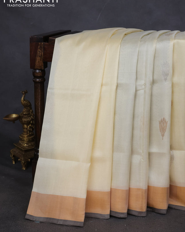 Pure uppada silk saree cream and coffee brown with silver & gold zari woven buttas and zari woven border