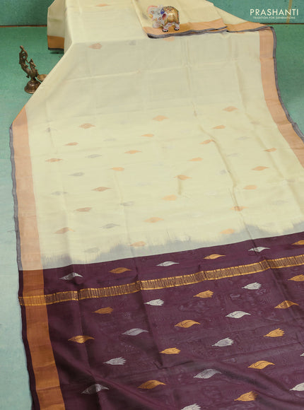 Pure uppada silk saree cream and coffee brown with silver & gold zari woven buttas and zari woven border