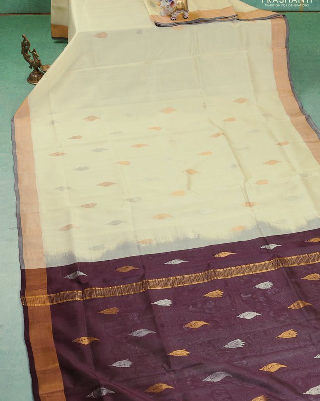 Pure uppada silk saree cream and coffee brown with silver & gold zari woven buttas and zari woven border