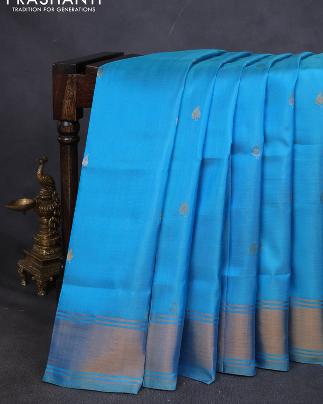 Pure uppada silk saree light blue with silver & gold zari woven buttas and zari woven border