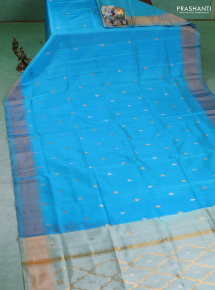 Pure uppada silk saree light blue with silver & gold zari woven buttas and zari woven border