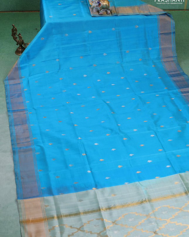 Pure uppada silk saree light blue with silver & gold zari woven buttas and zari woven border