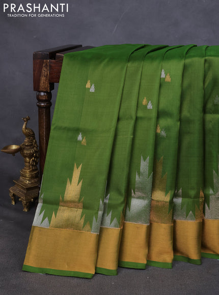 Pure uppada silk saree mehendi green with silver & gold temple zari buttas and temple zari woven border