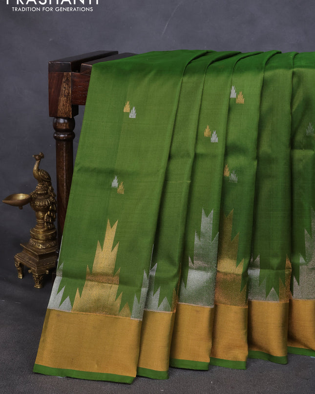 Pure uppada silk saree mehendi green with silver & gold temple zari buttas and temple zari woven border