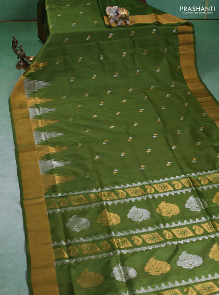 Pure uppada silk saree mehendi green with silver & gold temple zari buttas and temple zari woven border