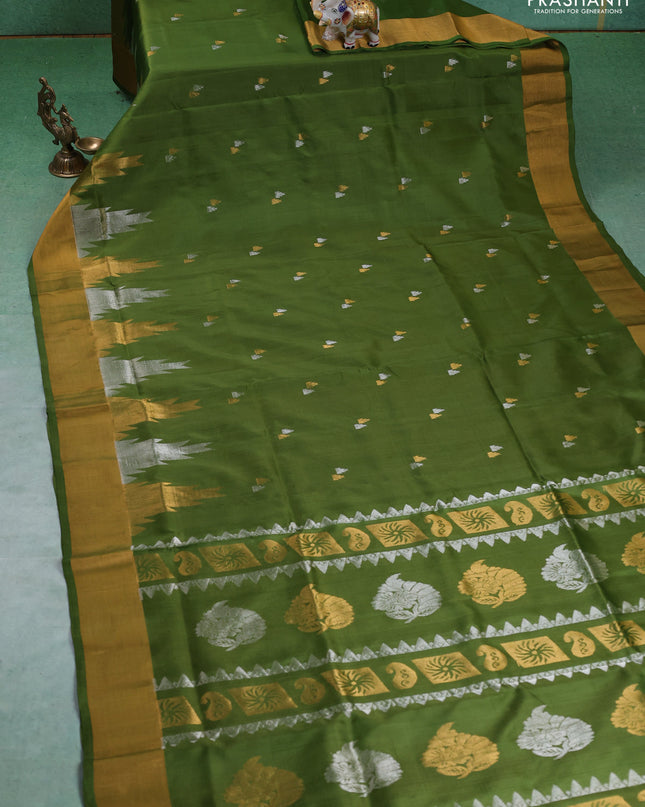 Pure uppada silk saree mehendi green with silver & gold temple zari buttas and temple zari woven border