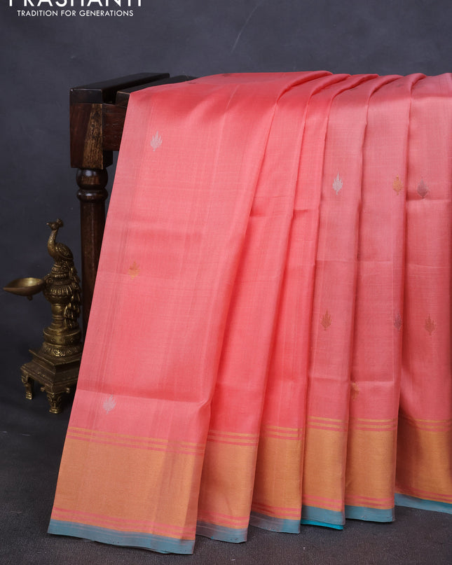 Pure uppada silk saree peach shade and teal blue with silver & gold zari woven buttas and zari woven border