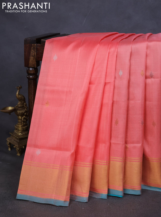 Pure uppada silk saree peach shade and teal blue with silver & gold zari woven buttas and zari woven border