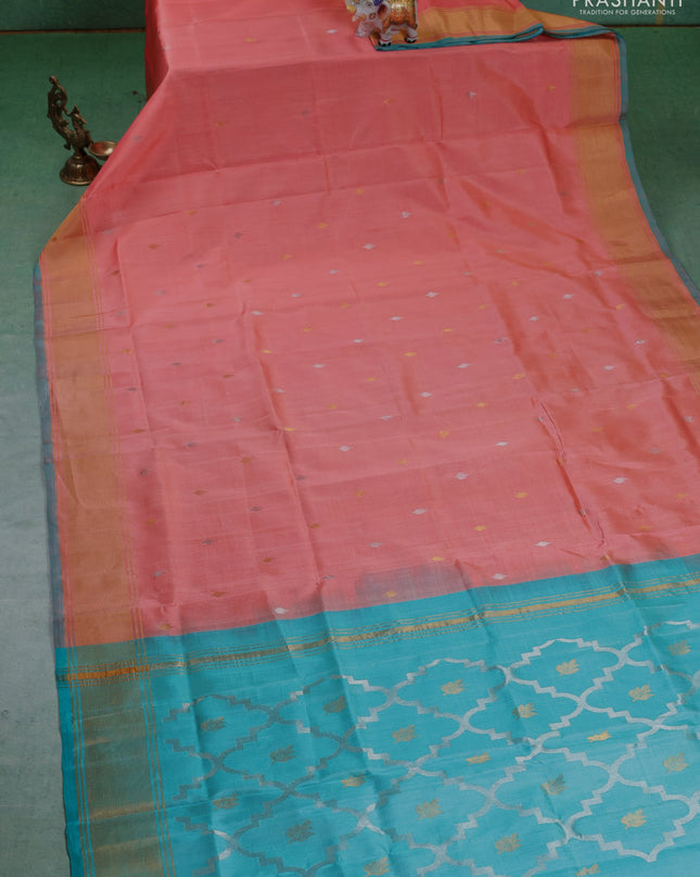 Pure uppada silk saree peach shade and teal blue with silver & gold zari woven buttas and zari woven border