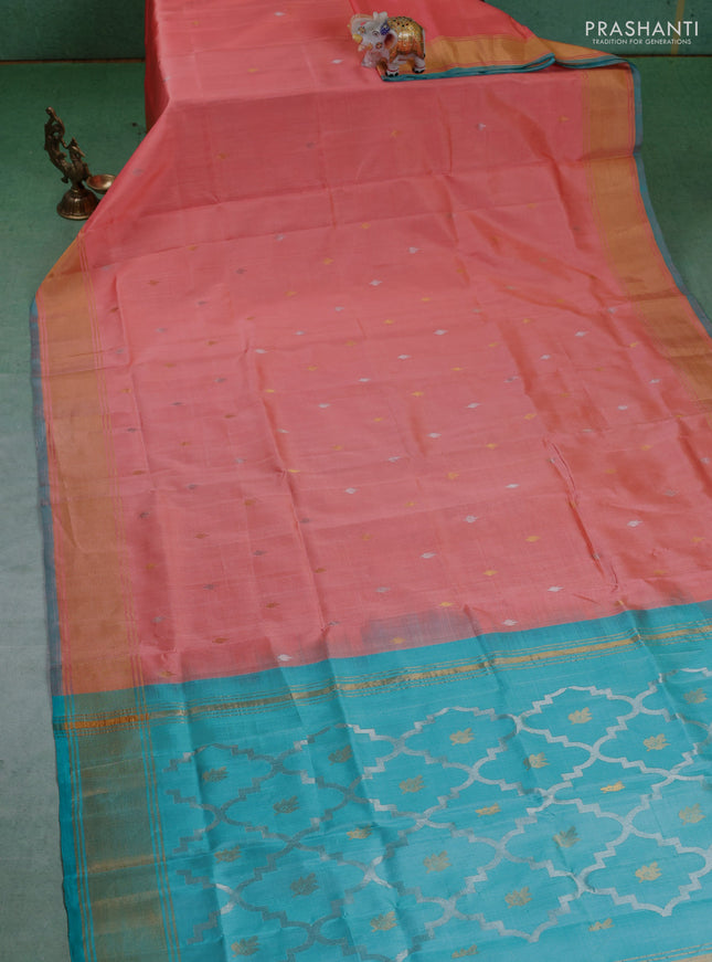 Pure uppada silk saree peach shade and teal blue with silver & gold zari woven buttas and zari woven border