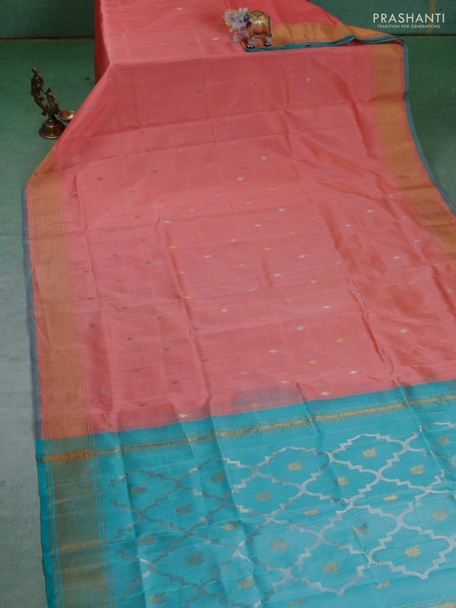 Pure uppada silk saree peach shade and teal blue with silver & gold zari woven buttas and zari woven border