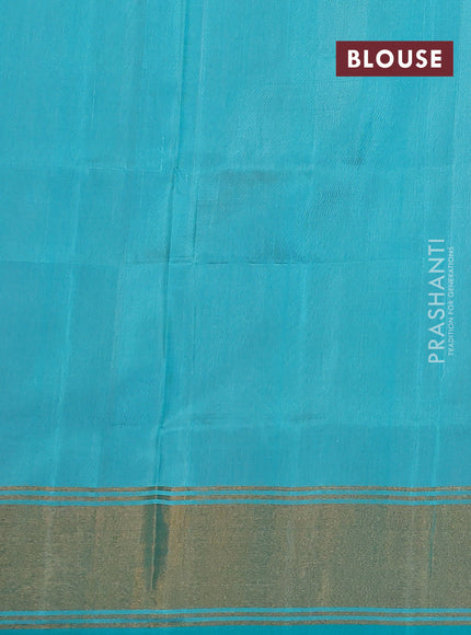 Pure uppada silk saree peach shade and teal blue with silver & gold zari woven buttas and zari woven border