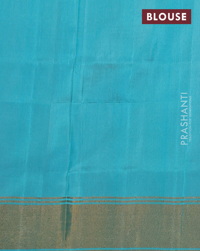 Pure uppada silk saree peach shade and teal blue with silver & gold zari woven buttas and zari woven border