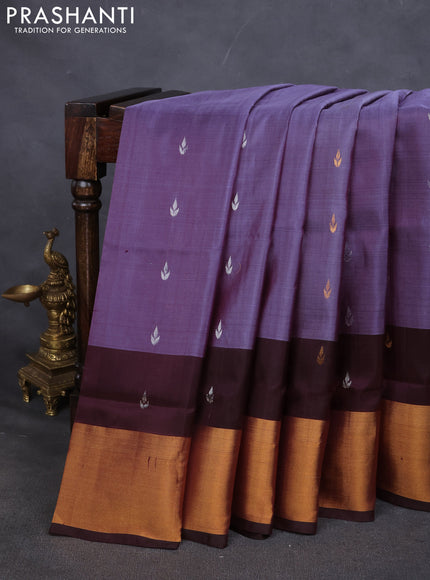 Pure uppada silk saree pastel lavender and coffee brown with silver & gold zari woven buttas and zari woven border