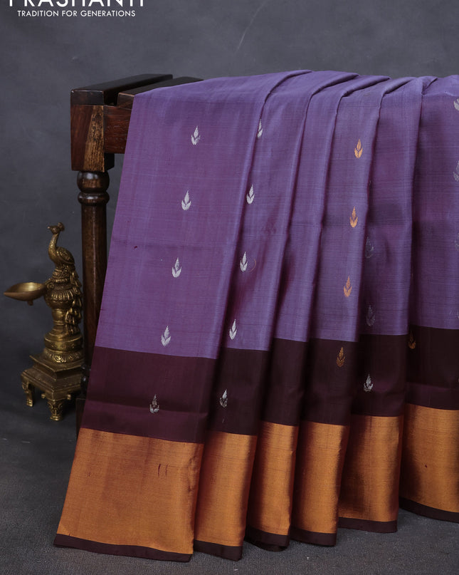 Pure uppada silk saree pastel lavender and coffee brown with silver & gold zari woven buttas and zari woven border