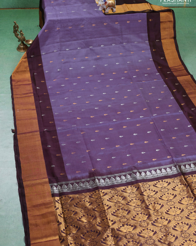 Pure uppada silk saree pastel lavender and coffee brown with silver & gold zari woven buttas and zari woven border