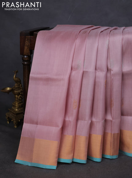 Pure uppada silk saree pastel pink and teal blue with silver & gold zari woven buttas and zari woven border
