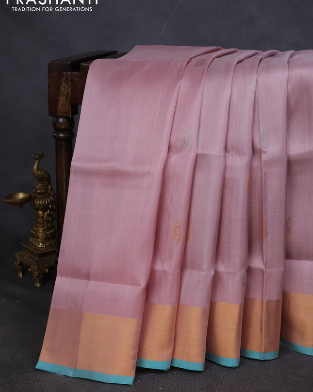 Pure uppada silk saree pastel pink and teal blue with silver & gold zari woven buttas and zari woven border