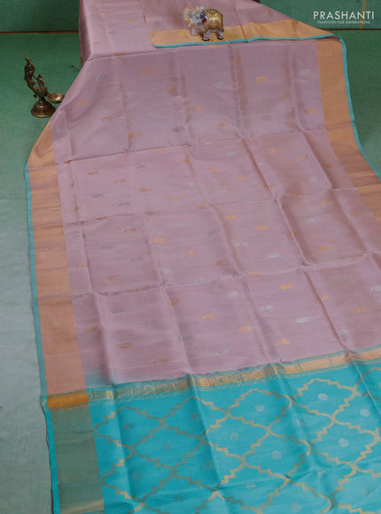 Pure uppada silk saree pastel pink and teal blue with silver & gold zari woven buttas and zari woven border