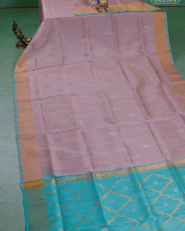 Pure uppada silk saree pastel pink and teal blue with silver & gold zari woven buttas and zari woven border