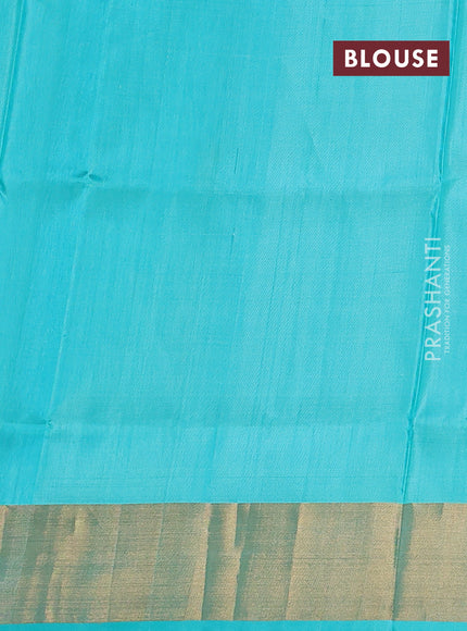 Pure uppada silk saree pastel pink and teal blue with silver & gold zari woven buttas and zari woven border