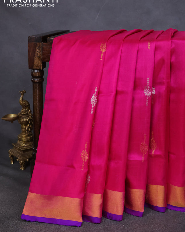 Pure uppada silk saree pink and blue with silver & gold zari woven buttas and zari woven border