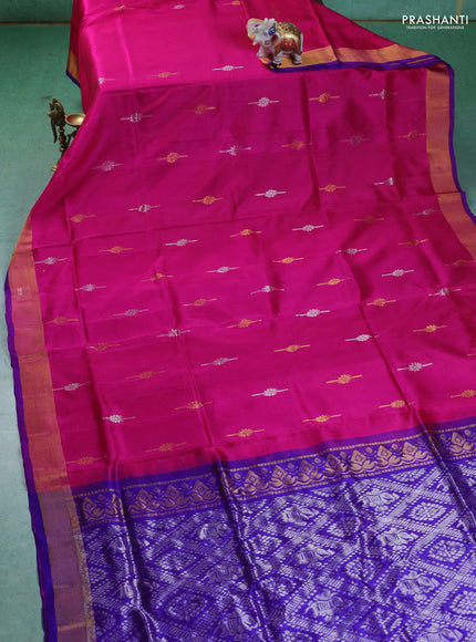 Pure uppada silk saree pink and blue with silver & gold zari woven buttas and zari woven border