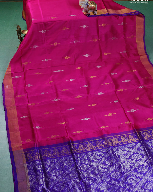 Pure uppada silk saree pink and blue with silver & gold zari woven buttas and zari woven border