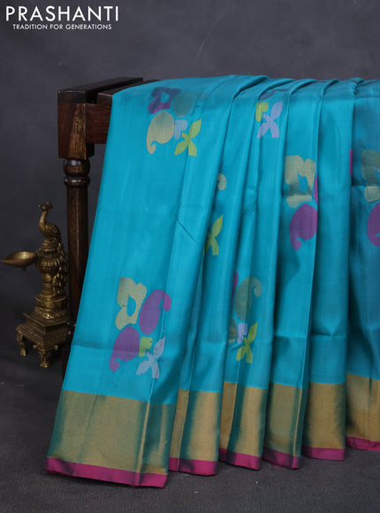 Pure uppada silk saree teal blue and pink with allover jamdhani buttas and zari woven border