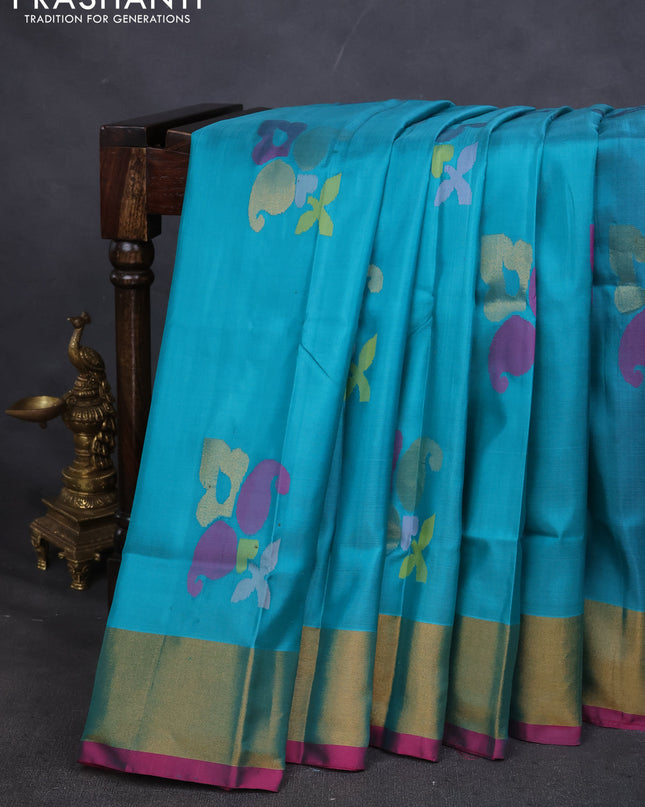 Pure uppada silk saree teal blue and pink with allover jamdhani buttas and zari woven border
