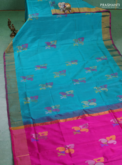 Pure uppada silk saree teal blue and pink with allover jamdhani buttas and zari woven border