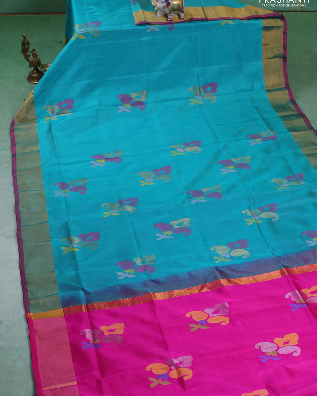Pure uppada silk saree teal blue and pink with allover jamdhani buttas and zari woven border