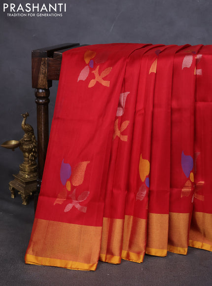 Pure uppada silk saree red and mustard yellow with allover jamdhani buttas and zari woven border