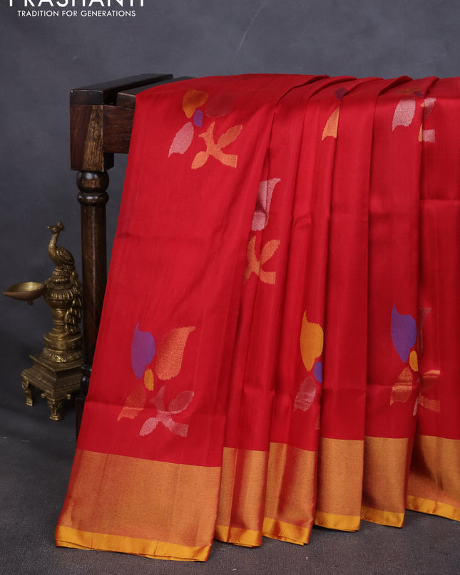 Pure uppada silk saree red and mustard yellow with allover jamdhani buttas and zari woven border
