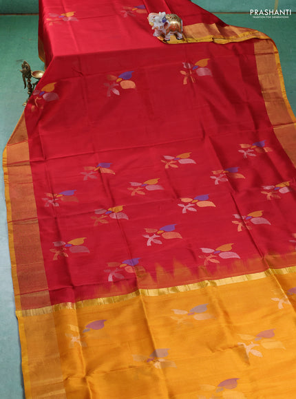 Pure uppada silk saree red and mustard yellow with allover jamdhani buttas and zari woven border